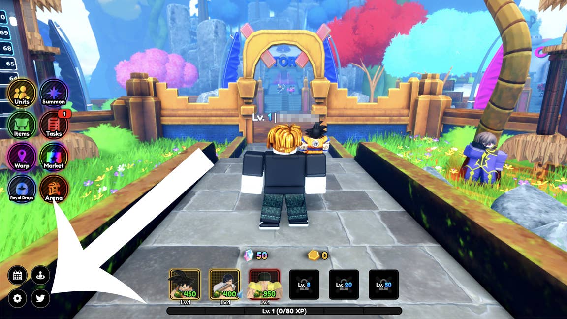 Стрелка указывающая на кнопку кодов в Roblox-игре All Star Tower Defense X.