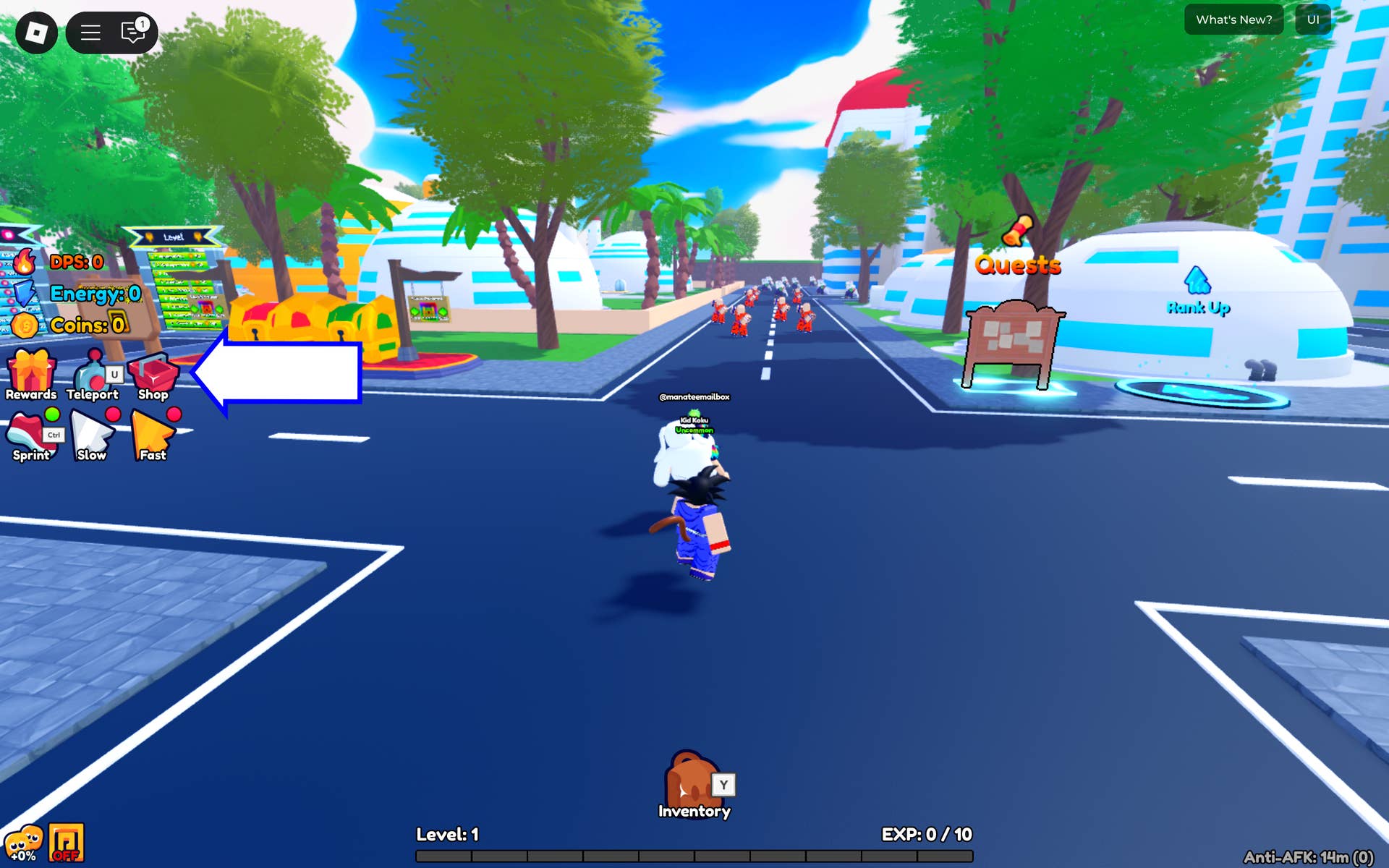 Скриншот Anime Eternal в Roblox, показывающий кнопку магазина.