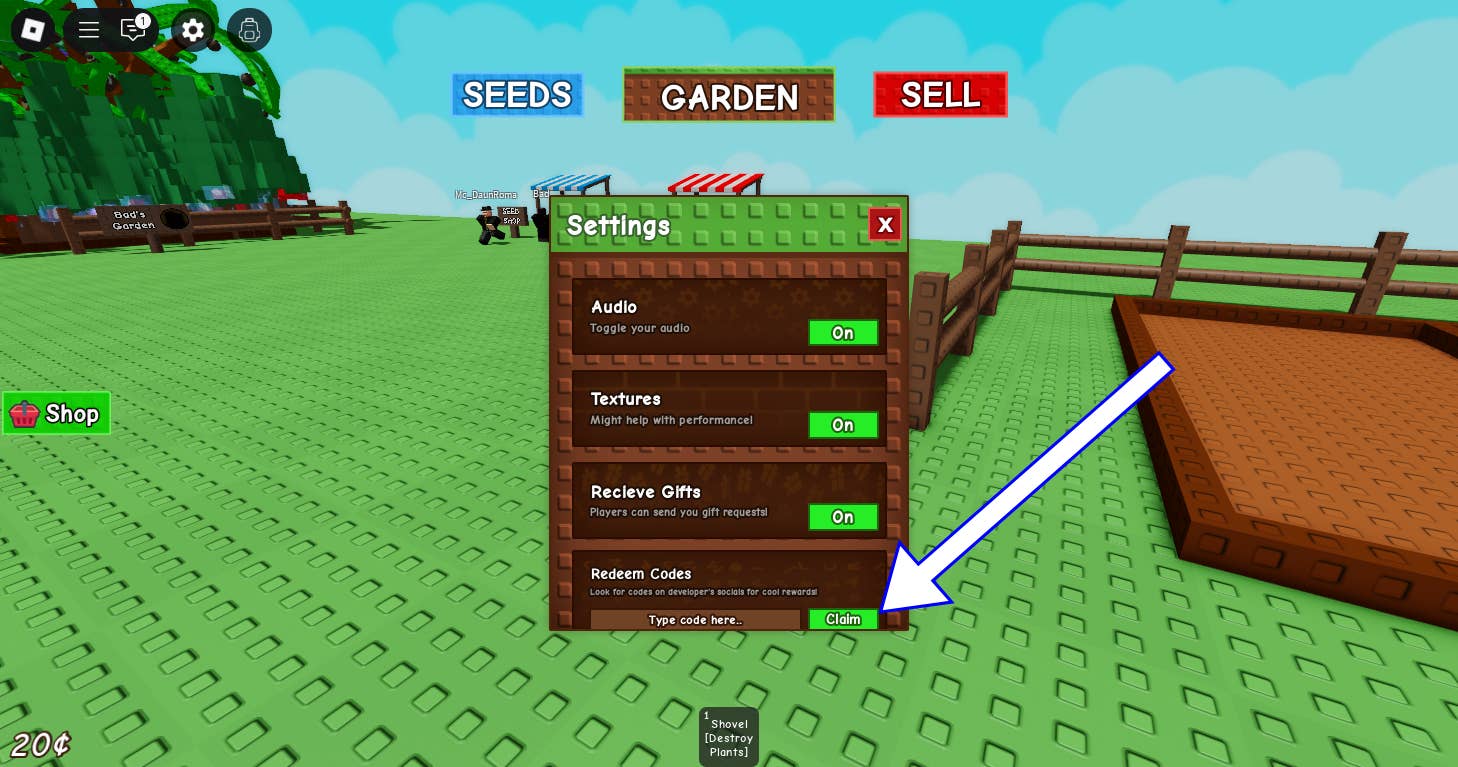Стрелка, указывающая на поле промокода в Grow a Garden.