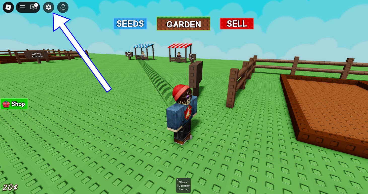 Стрелка, указывающая на кнопку настроек в Grow a Garden.