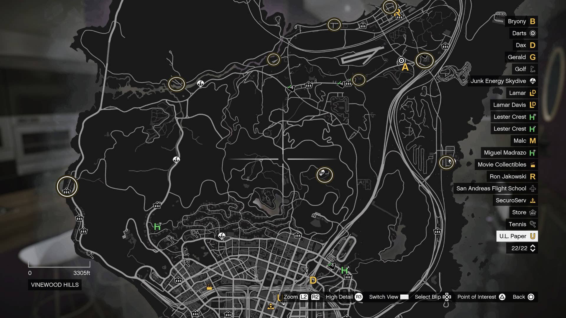 GTA Online — центральная часть карты с возможными отметками появления Gun Van.