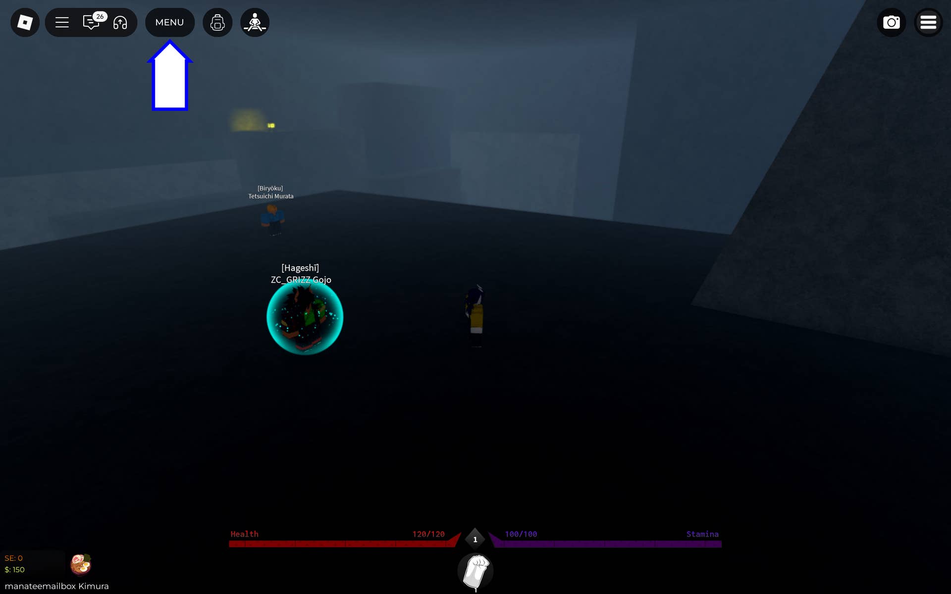 Скриншот Onikami в Roblox с показанной кнопкой меню игры.