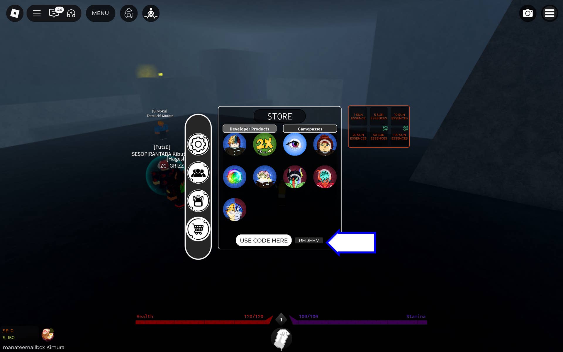 Скриншот Onikami в Roblox с показанным полем для ввода кодов игры.