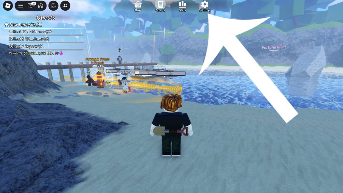 Стрелка указывает на кнопку настроек в Roblox‑игре Prospecting.
