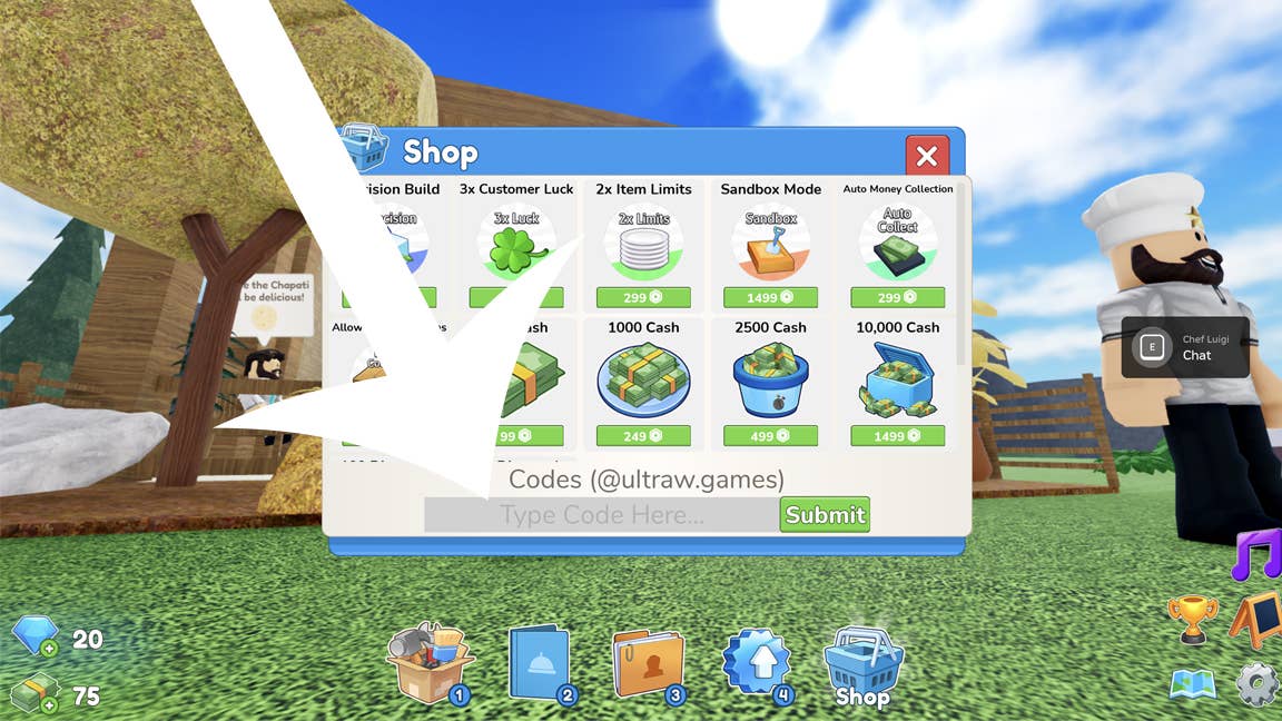 Стрелка, указывающая на меню, используемое для активации кодов в игре Roblox Restaurant Tycoon 3.