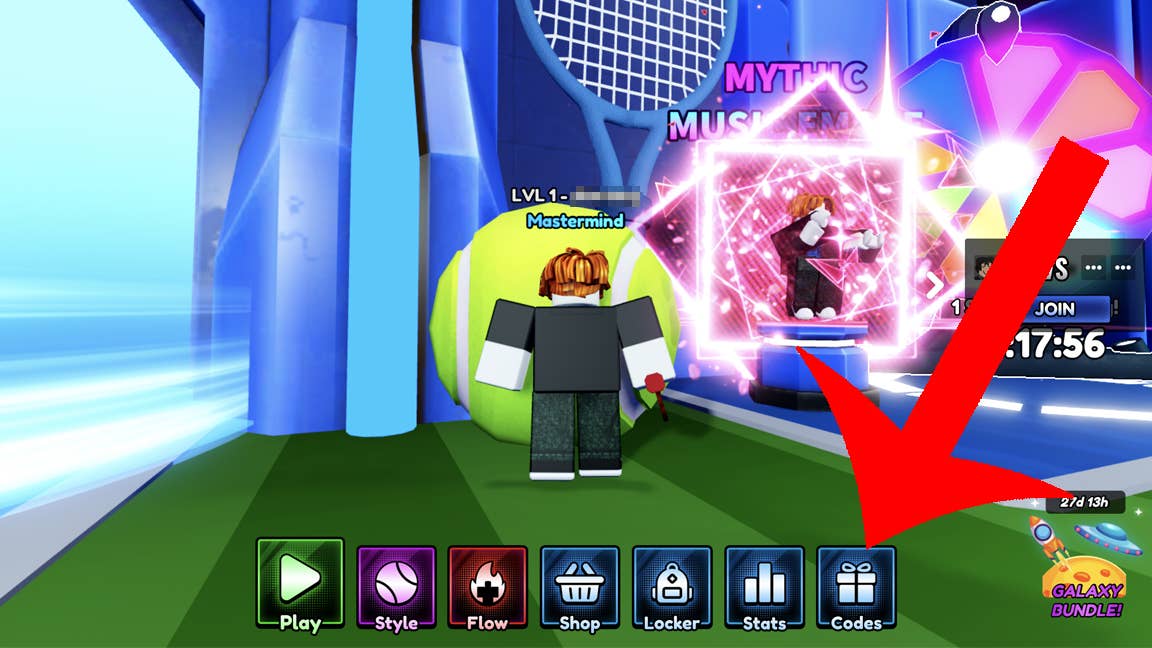 Стрелка указывает на кнопку кодов в игре Tennis Zero в Roblox