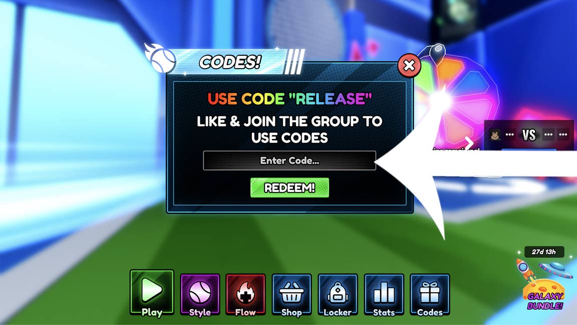 Меню ввода кодов в игре Tennis Zero в Roblox