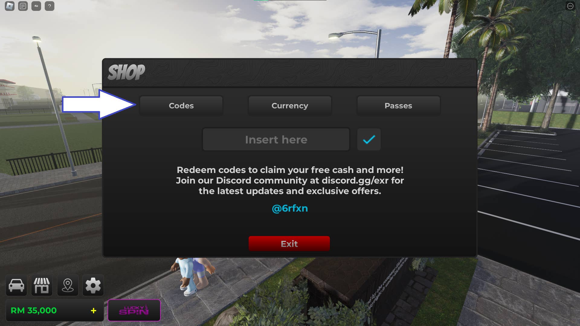 Скриншот из The Ride в Roblox, показывающий страницу с кодами игры.