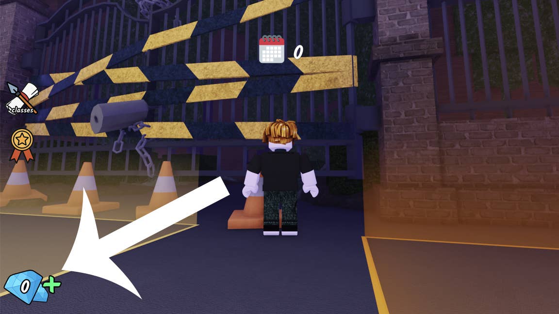 Стрелка указывает на кнопку с алмазами в игре Roblox 99 Nights in the Forest.