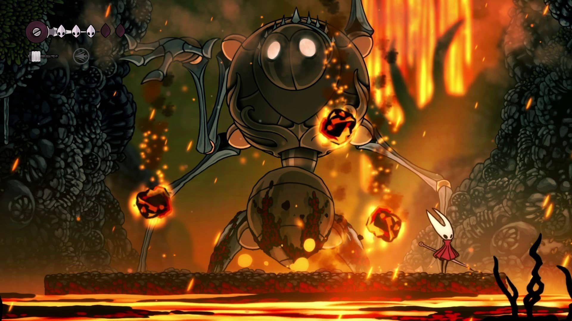 Hornet избегает падающей лавы, выпускаемой Fourth Chorus в Hollow Knight: Silksong