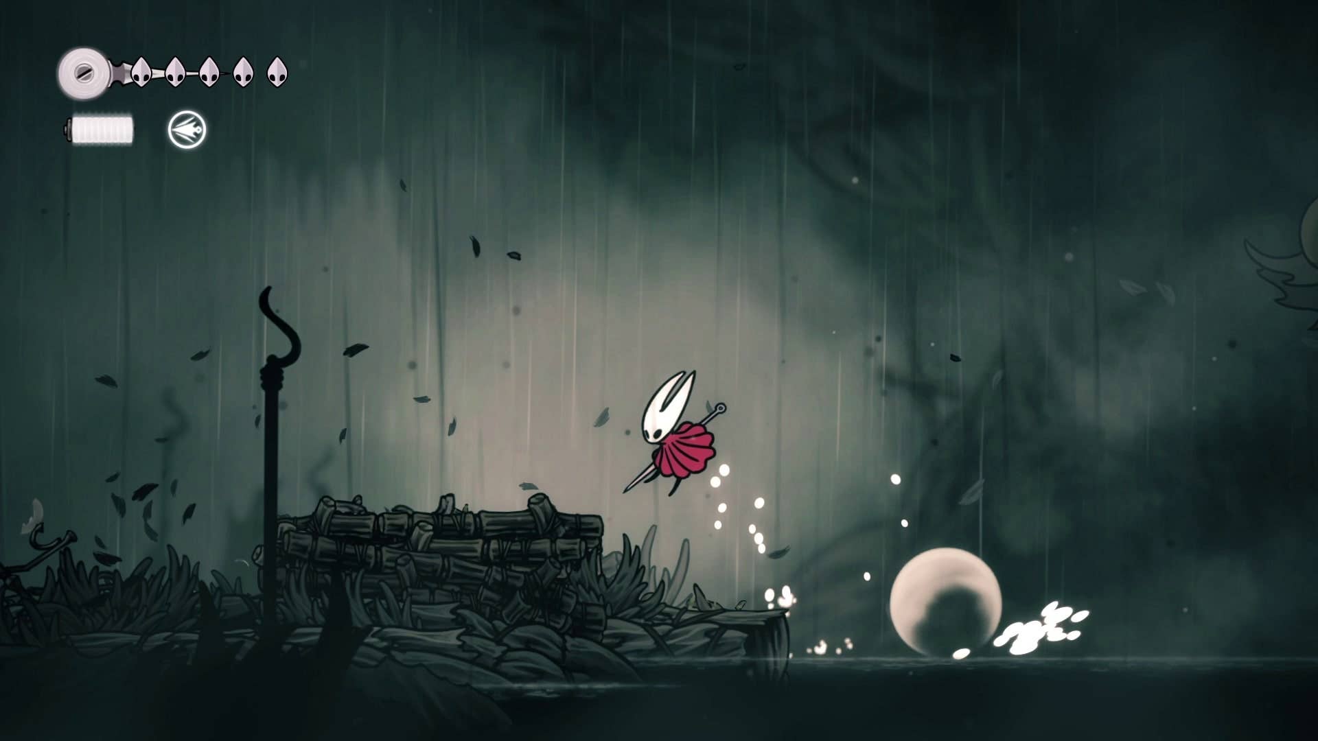 Хорнет перепрыгивает через одну из атак-дисков Moorwing в Hollow Knight: Silksong