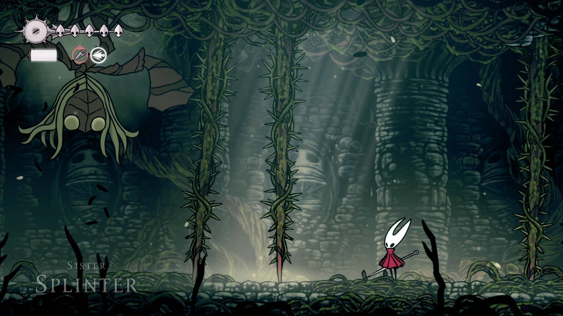 Хорнет стоит рядом с барьерами из шипов, призванными Sister Splinter в Shellwood в Hollow Knight: Silksong