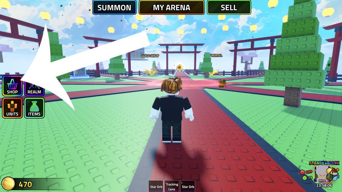 Стрелка, указывающая на кнопку «Магазин» в игре Roblox Anime Boss Raid.