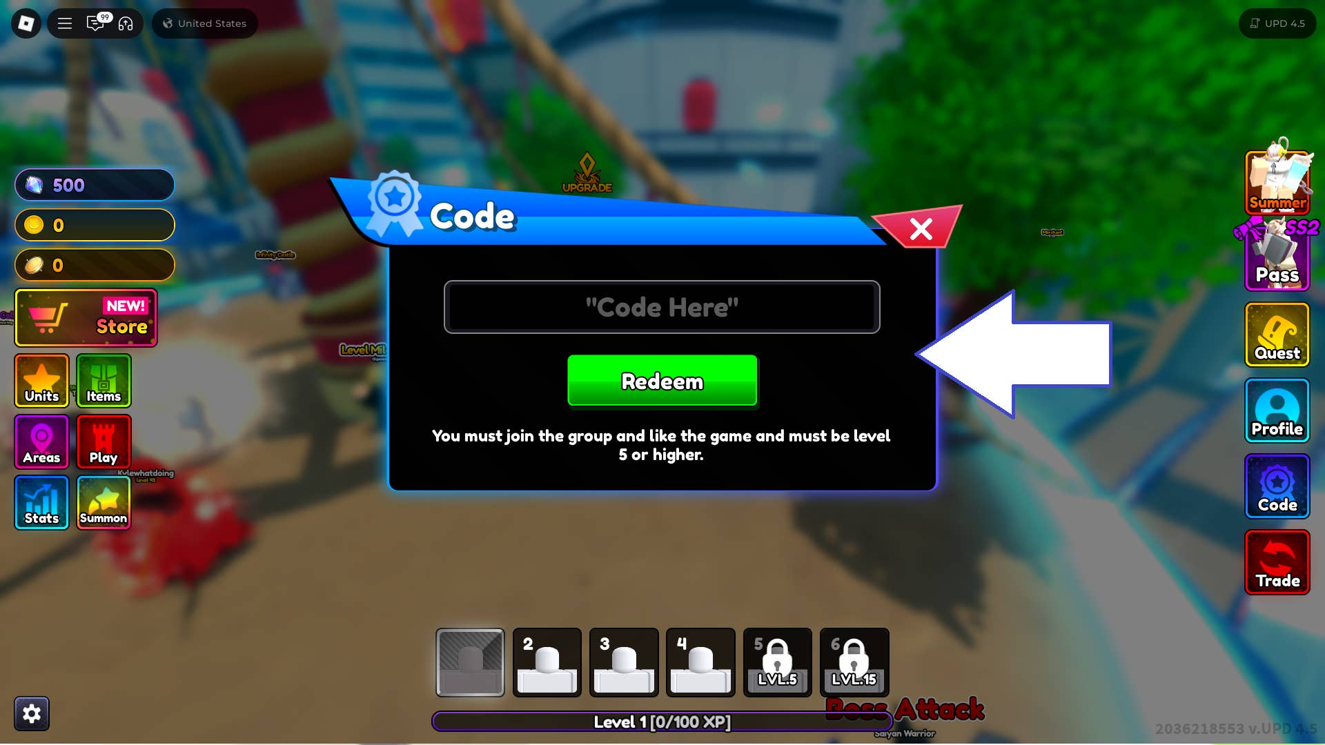 Скриншот Anime Rangers X в Roblox с полем для ввода кода.