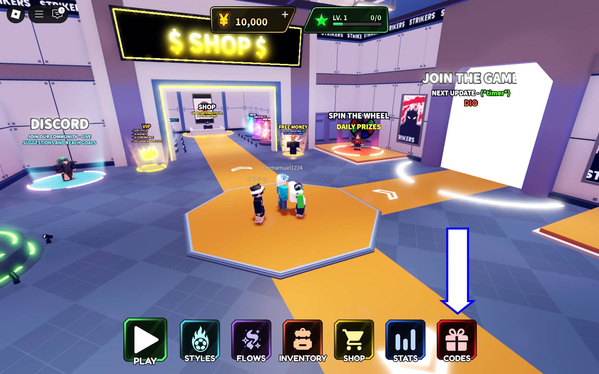 Скриншот Anime Strikers в Roblox, показывающий кнопку с кодами игры.