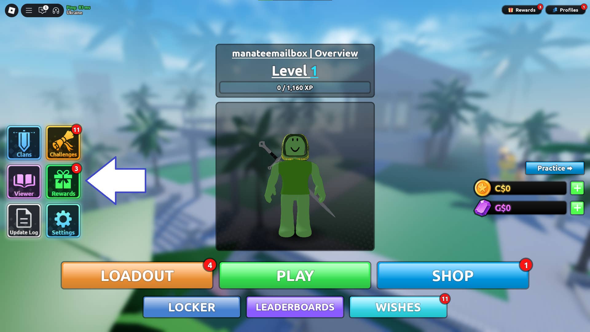 Скриншот Blades в Roblox, показывающий кнопку наград игры.