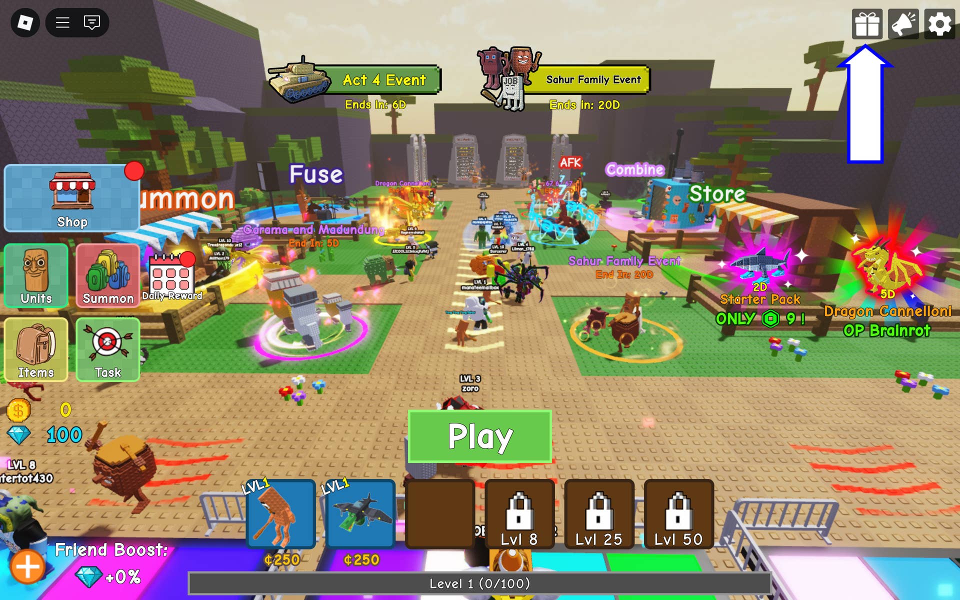 Скриншот Brainrot Tower Defense в Roblox, показывающий кнопку кодов в игре.