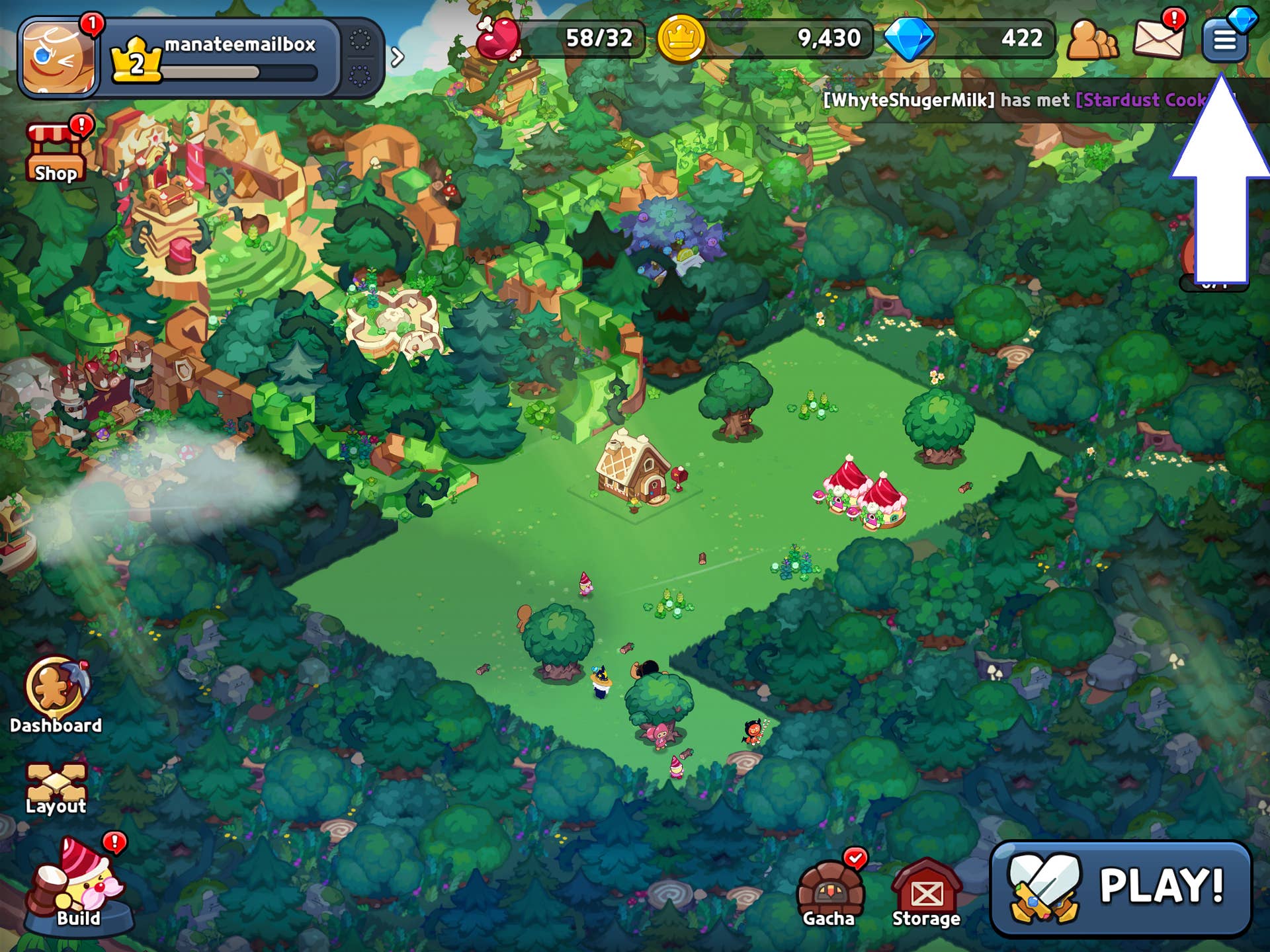 Скриншот Cookie Run Kingdom, показывающий кнопку меню в игре.