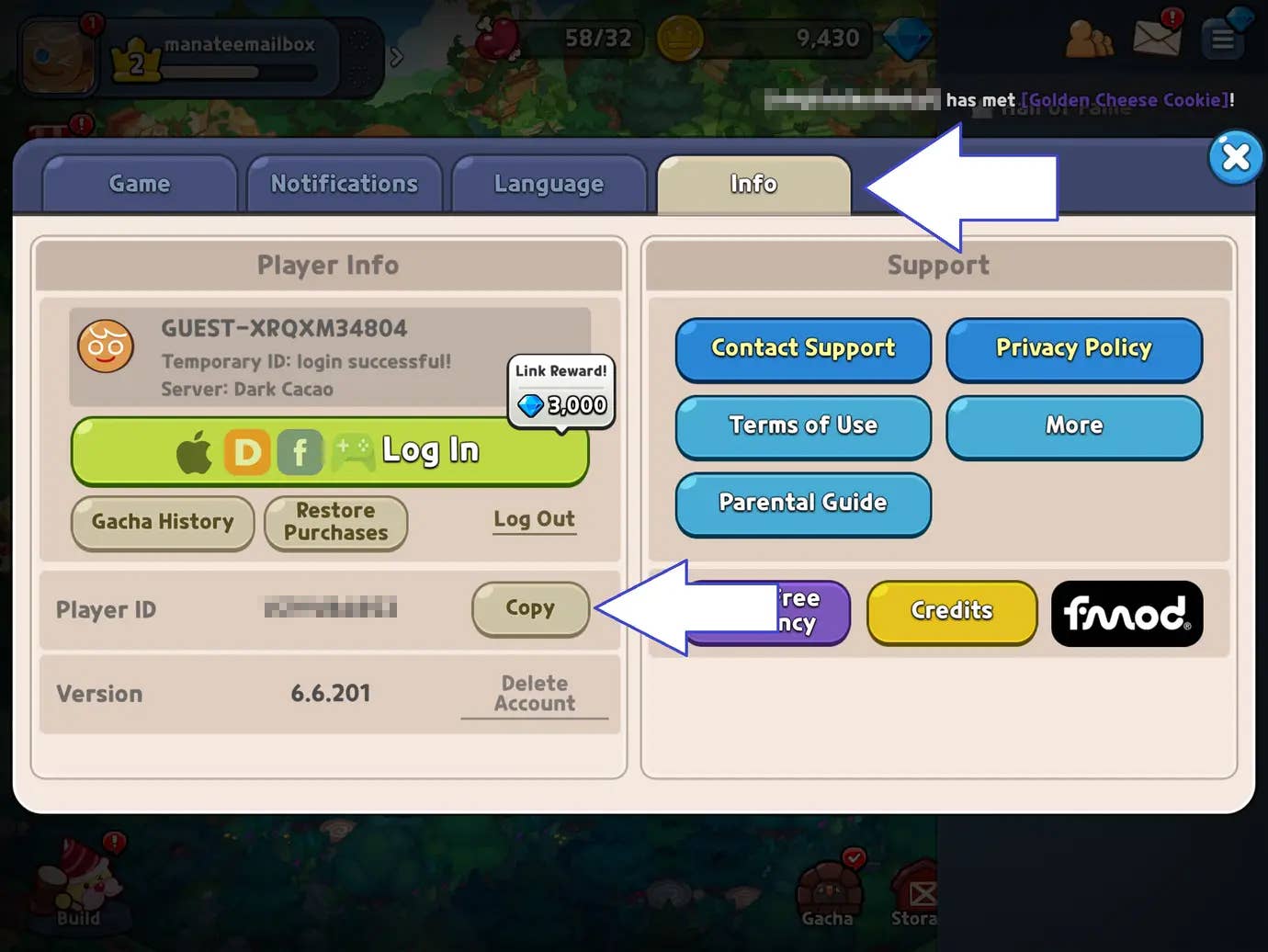Скриншот Cookie Run Kingdom, показывающий кнопку для копирования ID игрока.
