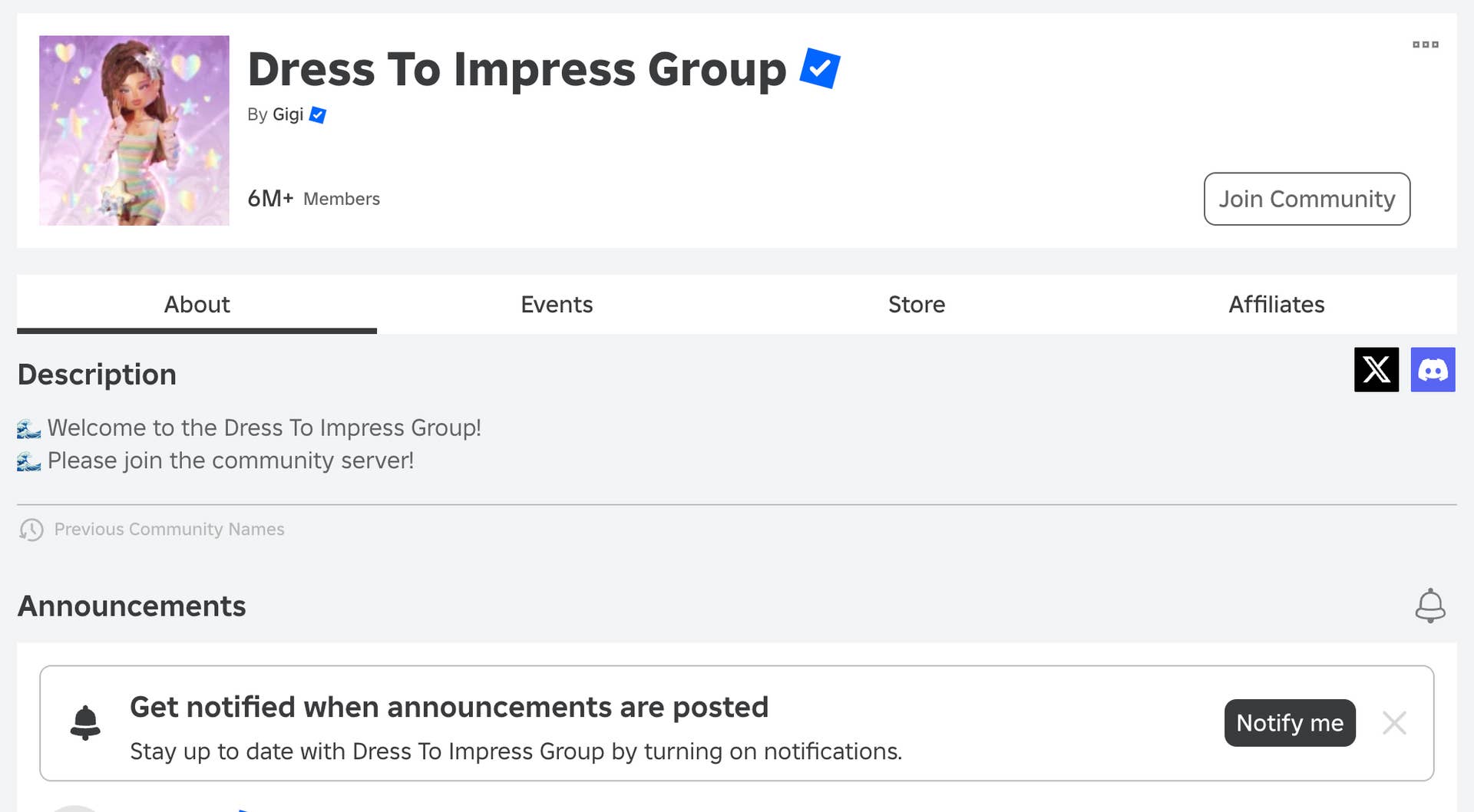 Группа Roblox для Dress To Impress и кнопка, которую игроки используют, чтобы подписаться на уведомления.