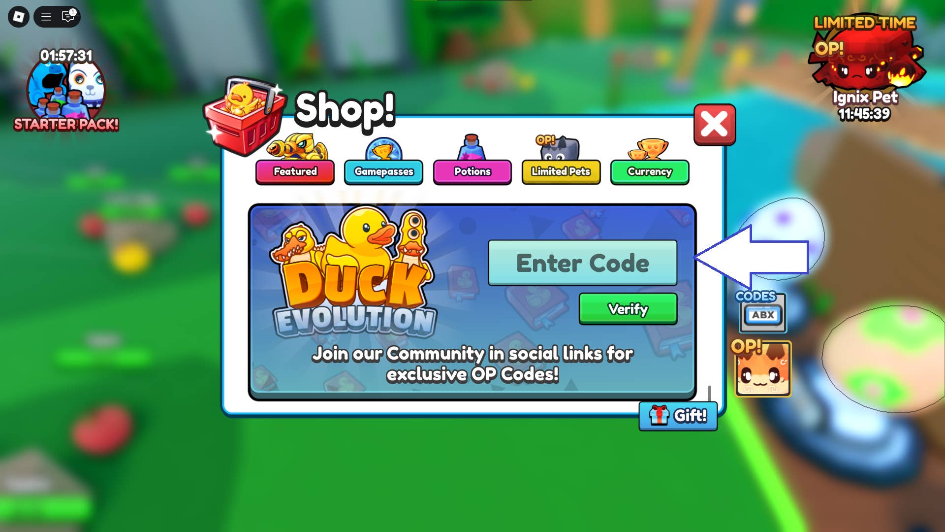 Скриншот Duck Evolution в Roblox, показывающий поле для ввода кодов.