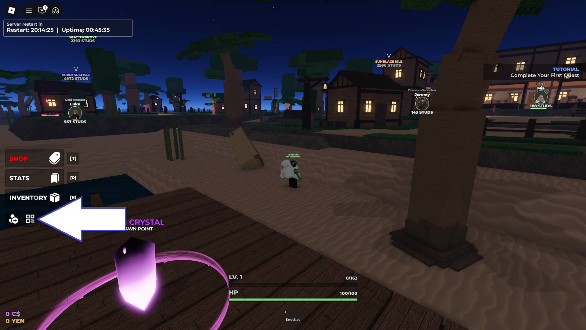 Скриншот Enchanted в Roblox, показывающий кнопку кодов игры.