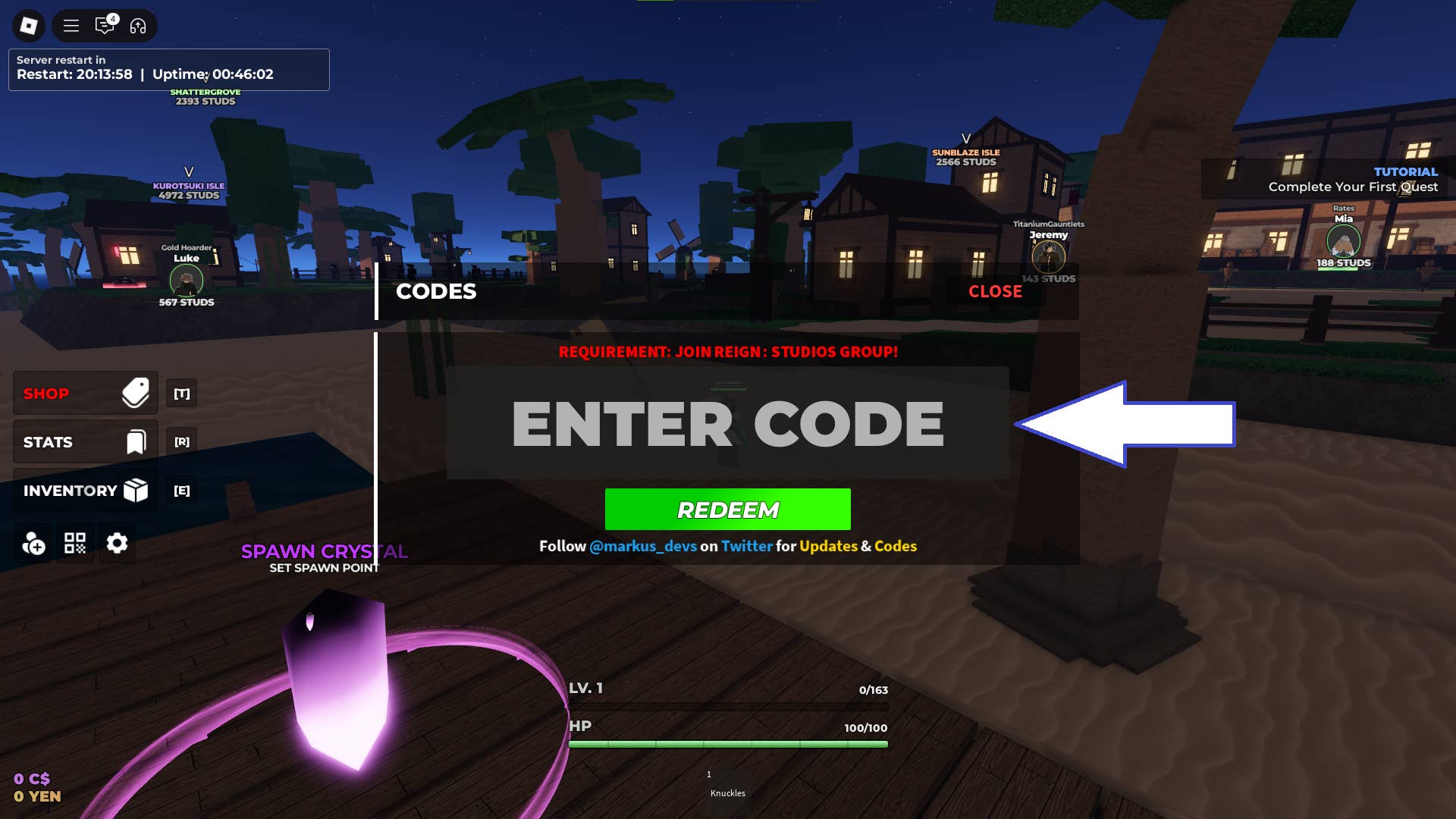 Скриншот Enchanted в Roblox, показывающий поле для ввода кода.