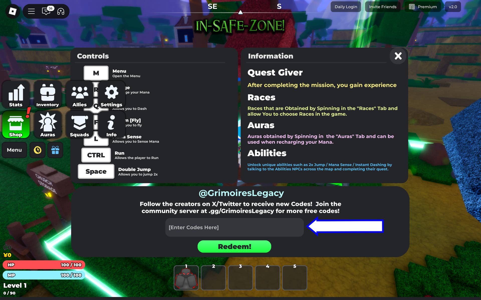 Скриншот Grimoires Legacy в Roblox, показывающий поле для ввода кодов.