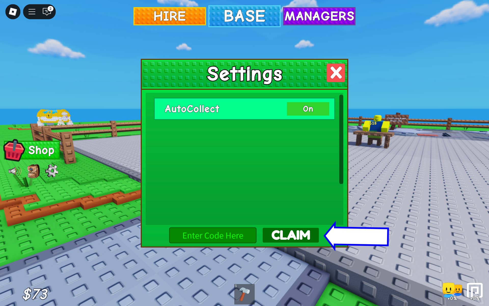 Скриншот Grow a Business в Roblox, показывающий поле для ввода кода.
