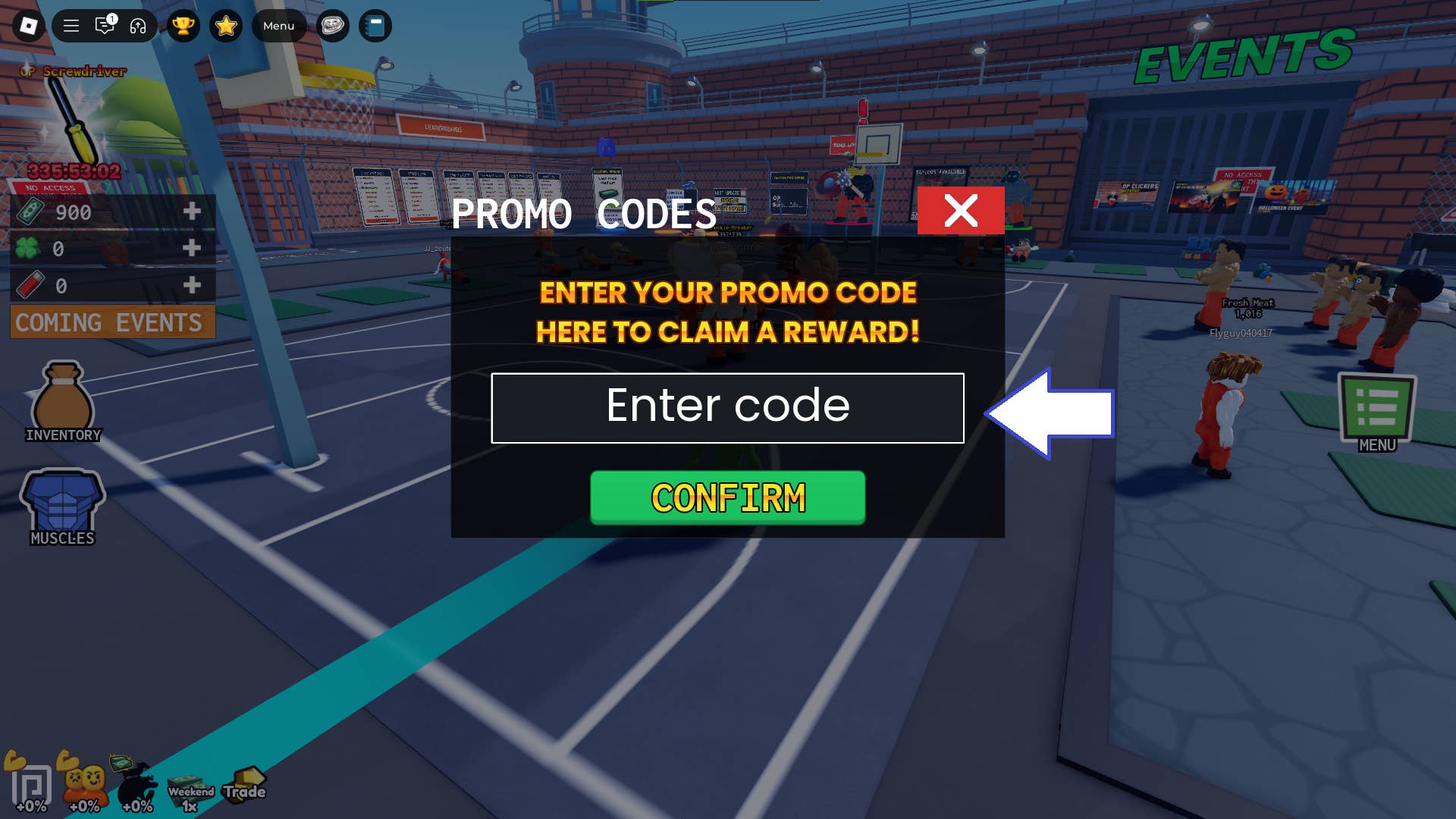 Скриншот Prison Pump в Roblox с отображением поля для ввода кодов.