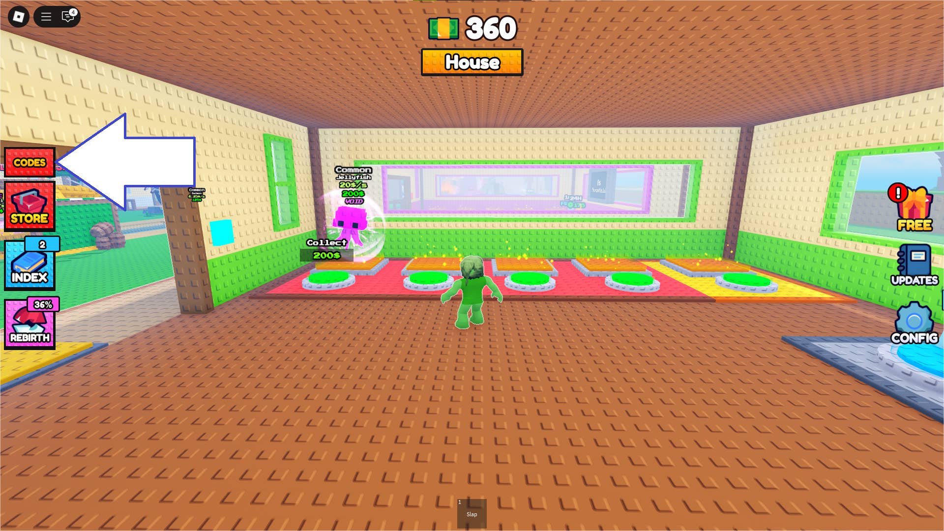 Скриншот Steal a Fish в Roblox, показывающий кнопку кодов в игре.