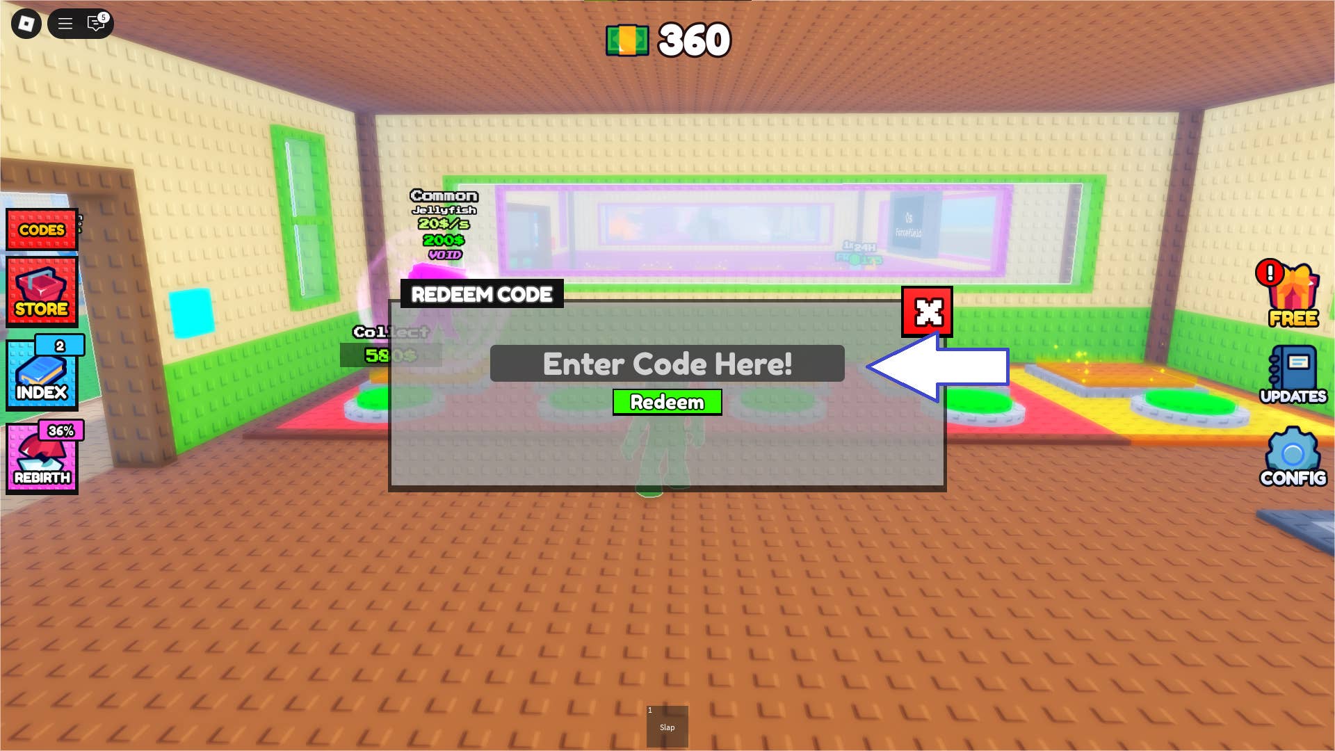 Скриншот Steal a Fish в Roblox, показывающий поле для ввода кода.