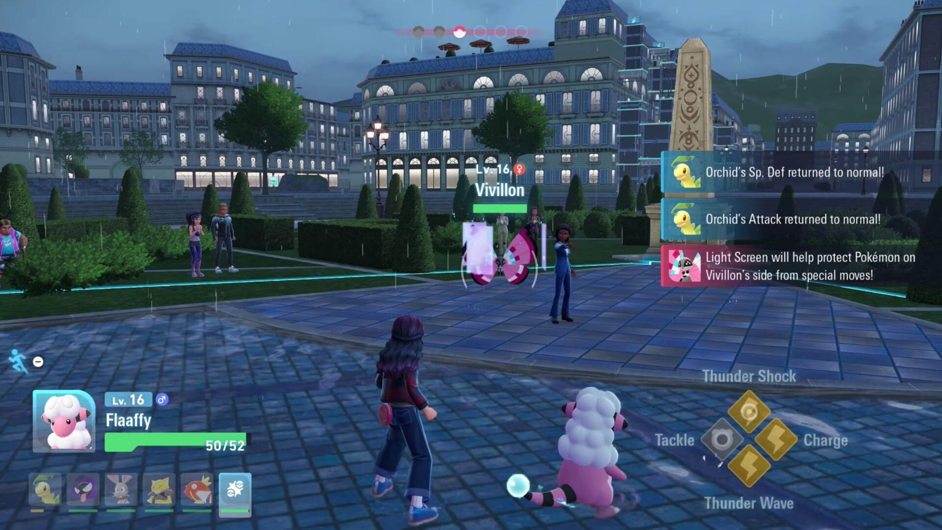 Тренер сражается с Ивон, офисным сотрудником, в Z-A Royale в Pokémon Legends Z-A