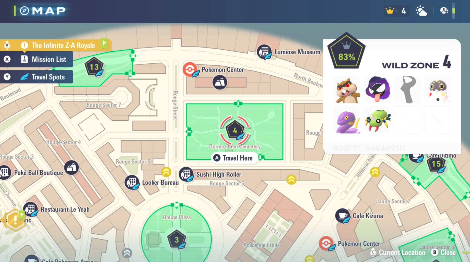 Расположение Дикой зоны 4 с показом её покемонов в Pokémon Legends: Z-A.