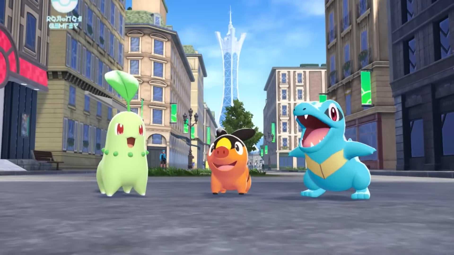 Скриншот Pokémon Legends Z-A, показывающий выбор стартовых покемонов: Chikorita, Tepig и Totodile.