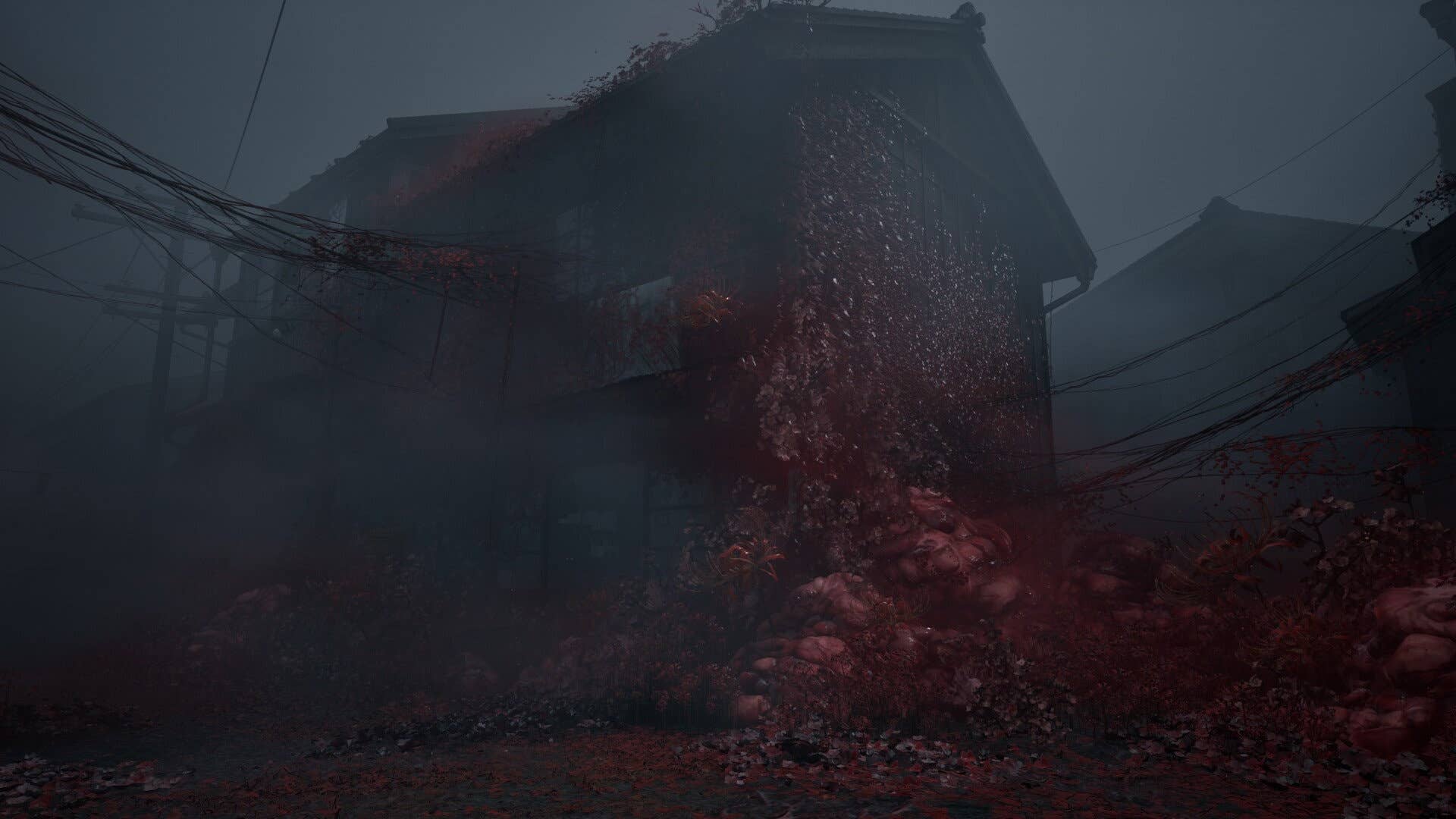 Здание, покрытое красными цветами, в Silent Hill f.