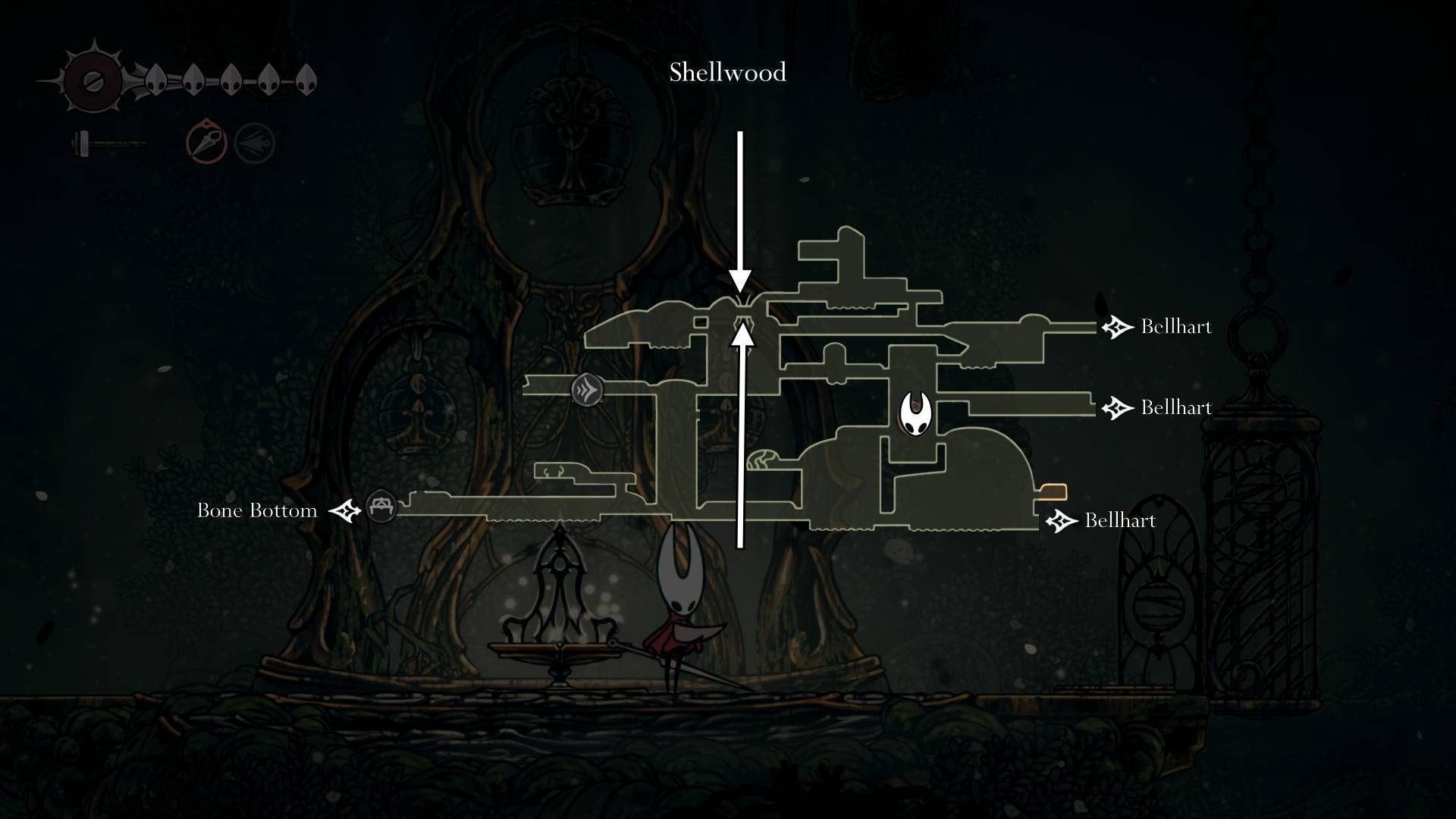 Расположение Cling Grip — также известного как прыжок от стены — отмечено на карте Shellwood в Hollow Knight: Silksong