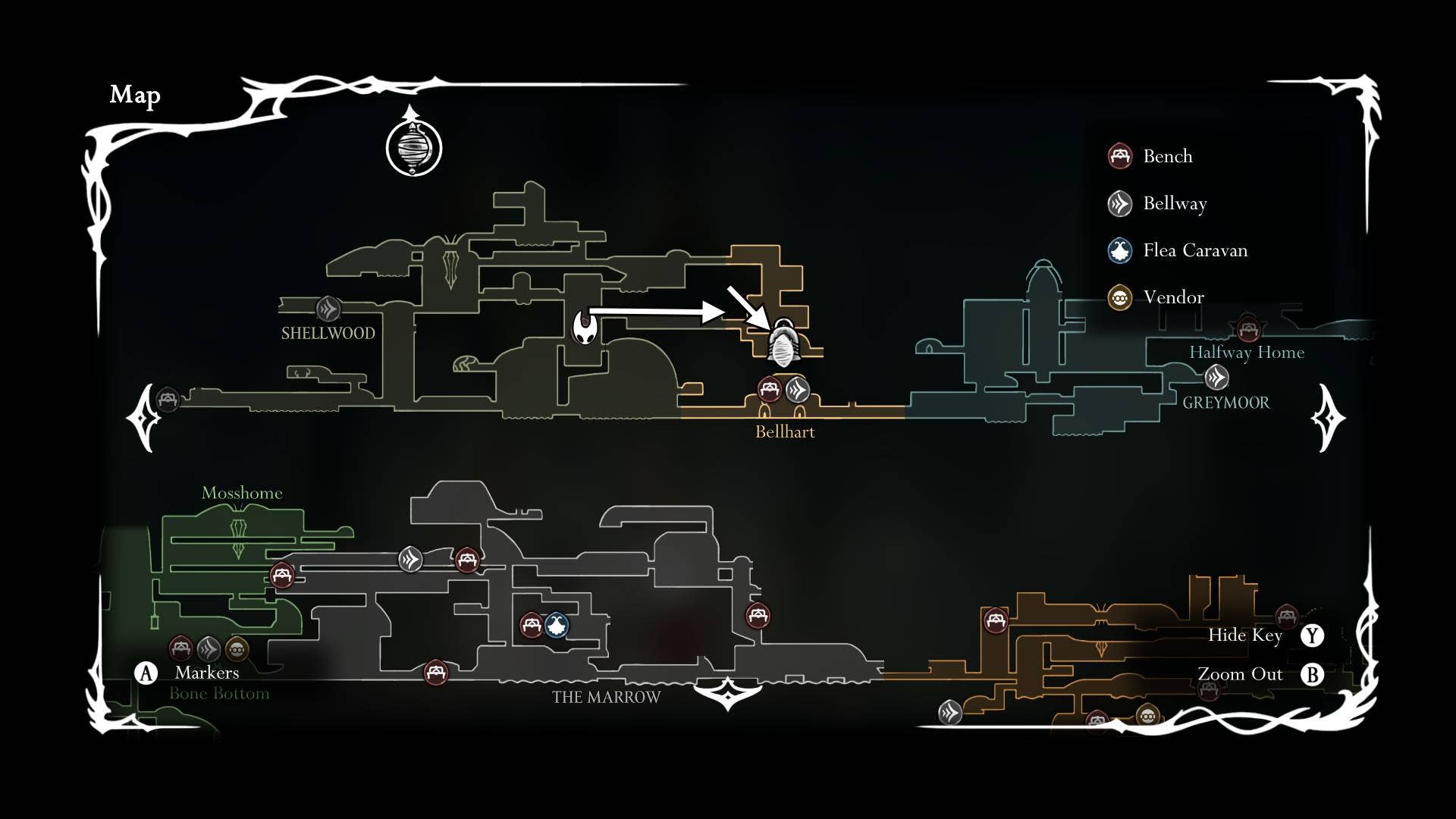 A map that shows the location of Widow in Hollow Knight: Silksong is shown
