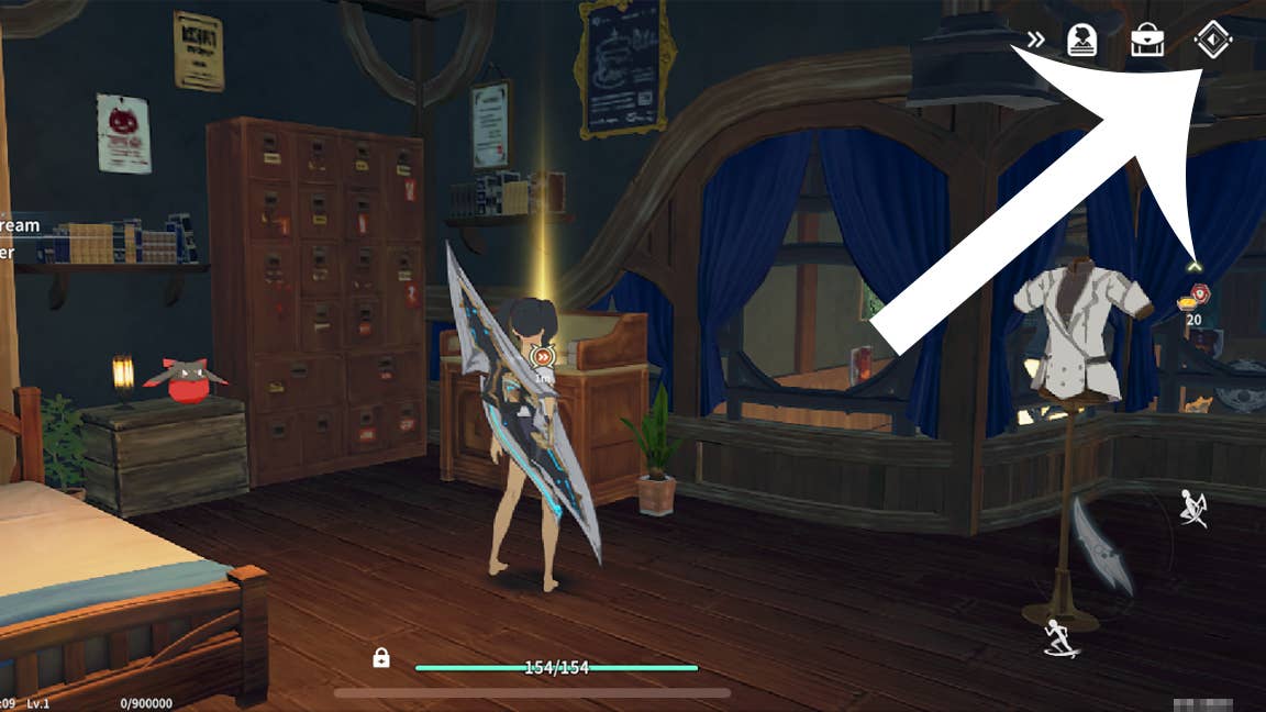 Стрелка, указывающая на кнопку для доступа к меню внутри игры в Blue Protocol: Star Resonance.