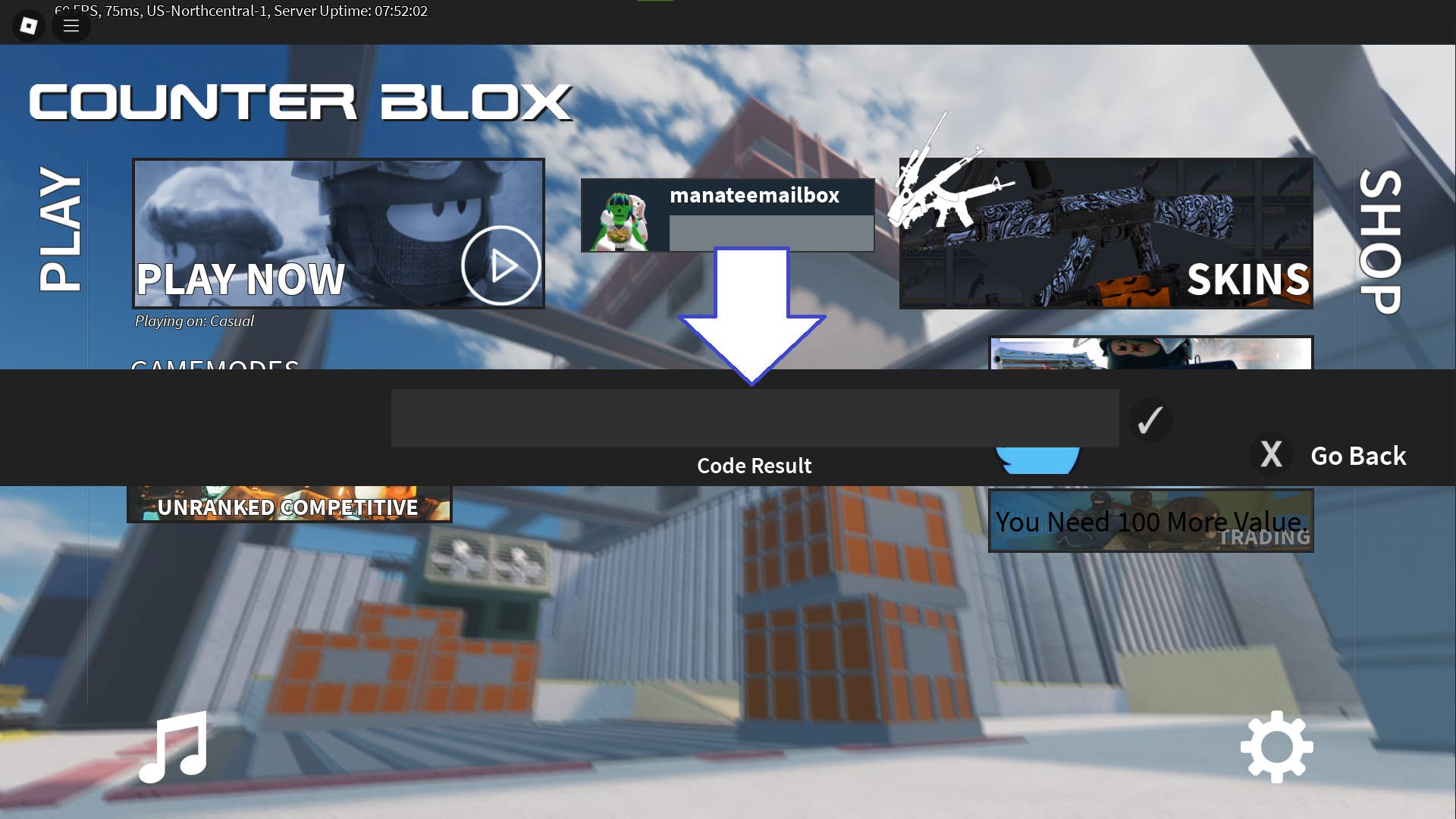 Скриншот Counter Blox в Roblox с отображением поля для ввода кода.