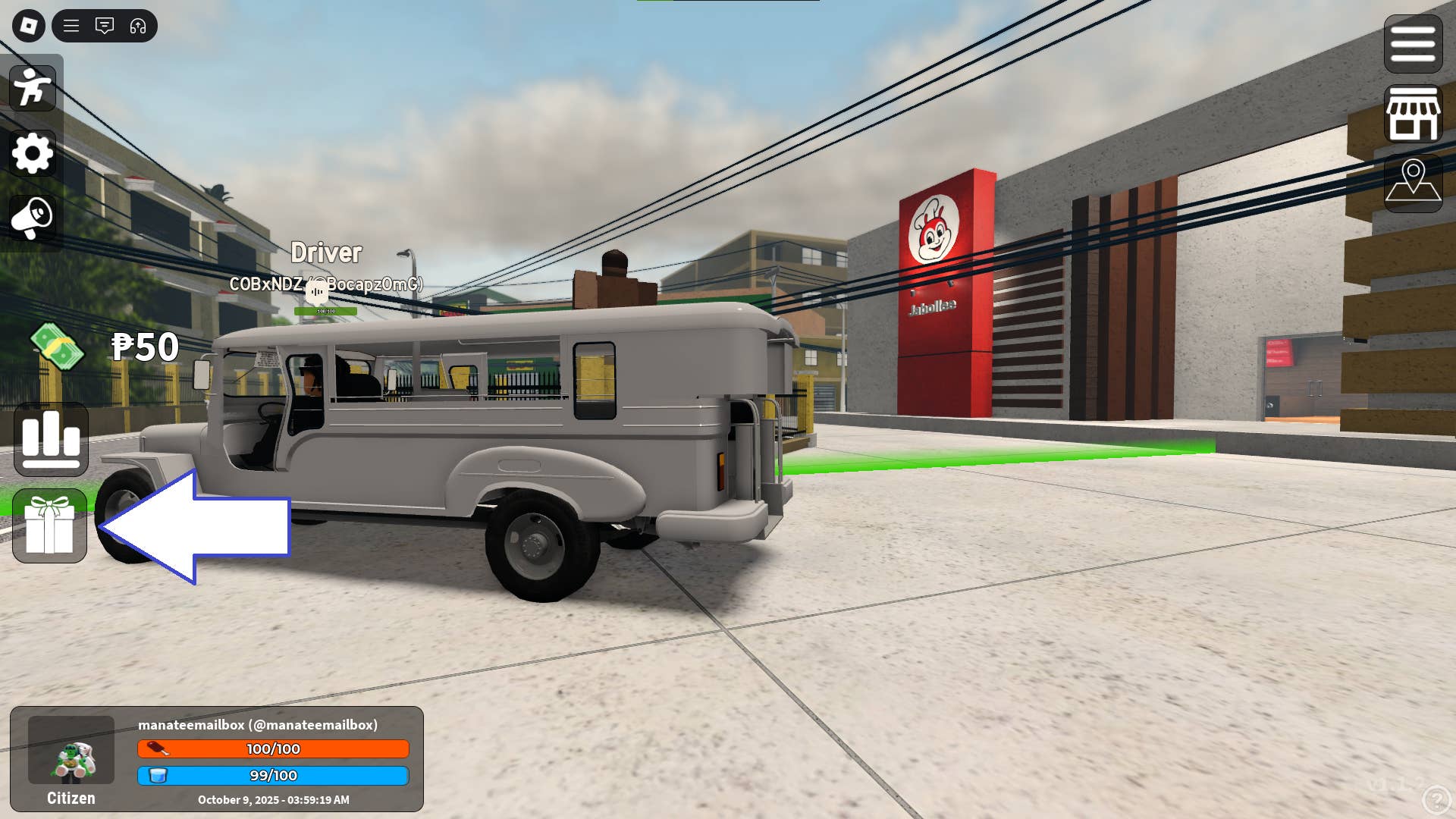 Скриншот Diesel n' Steel в Roblox, показывающий кнопку кодов игры.