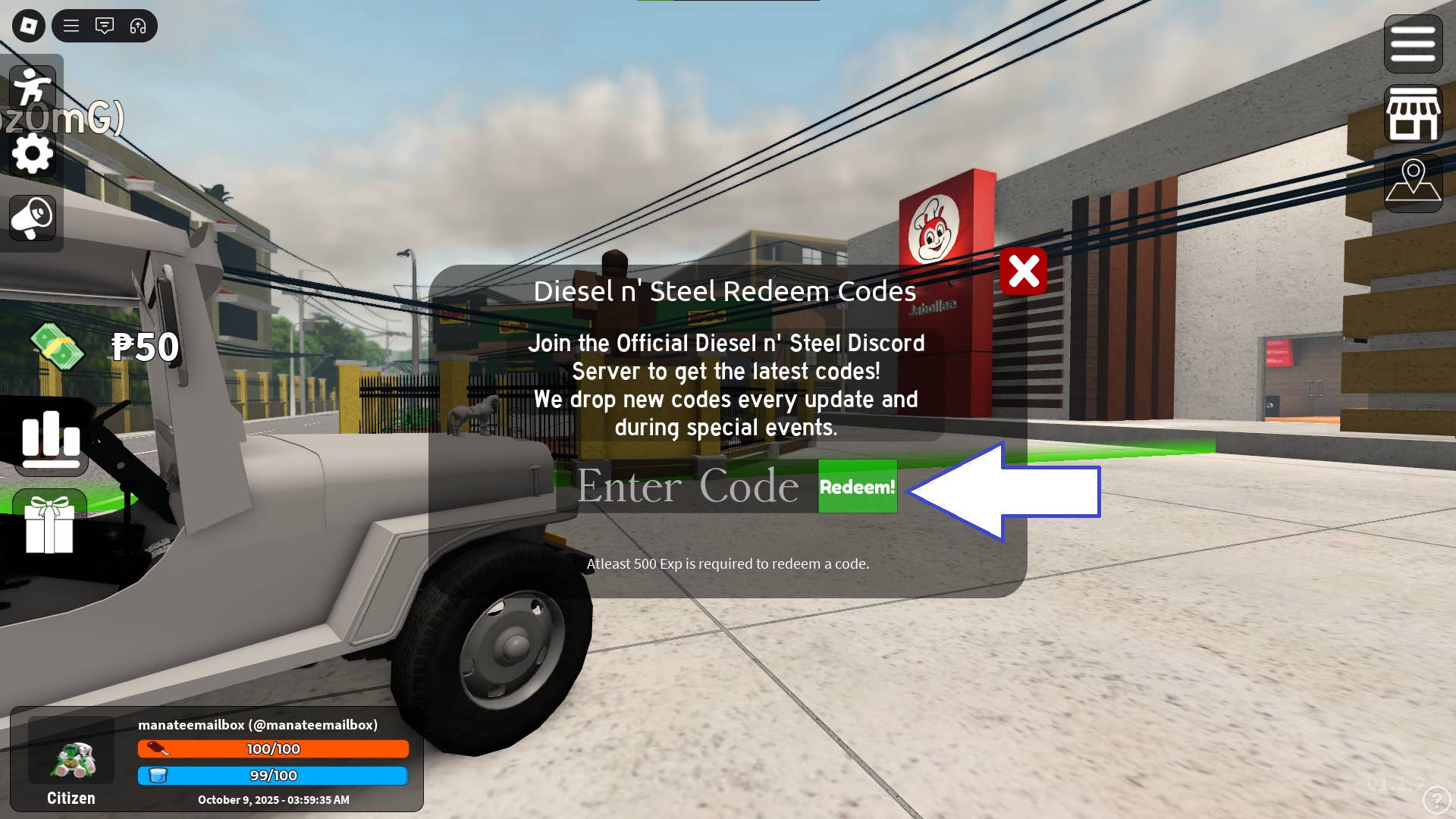 Скриншот Diesel n' Steel в Roblox, показывающий поле ввода кодов.