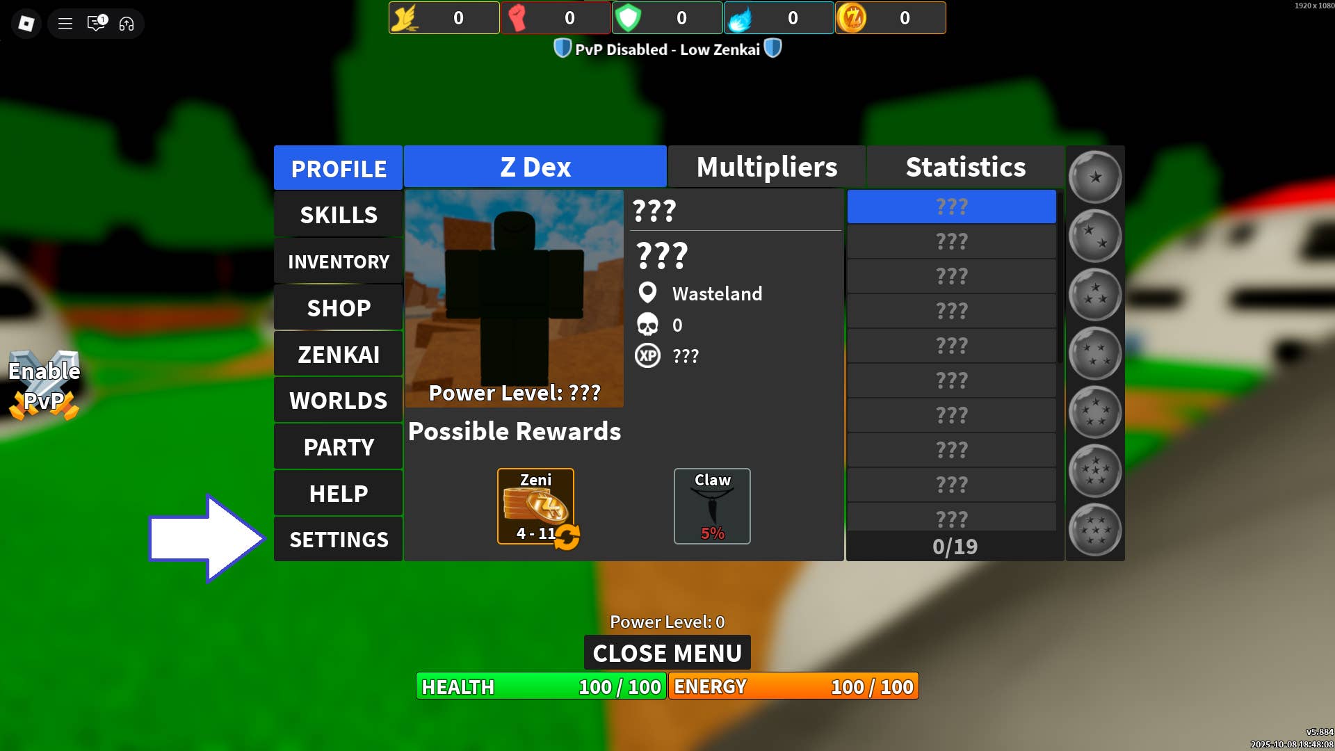 Скриншот Dragon Ball Rage в Roblox, показывающий кнопку настроек игры.