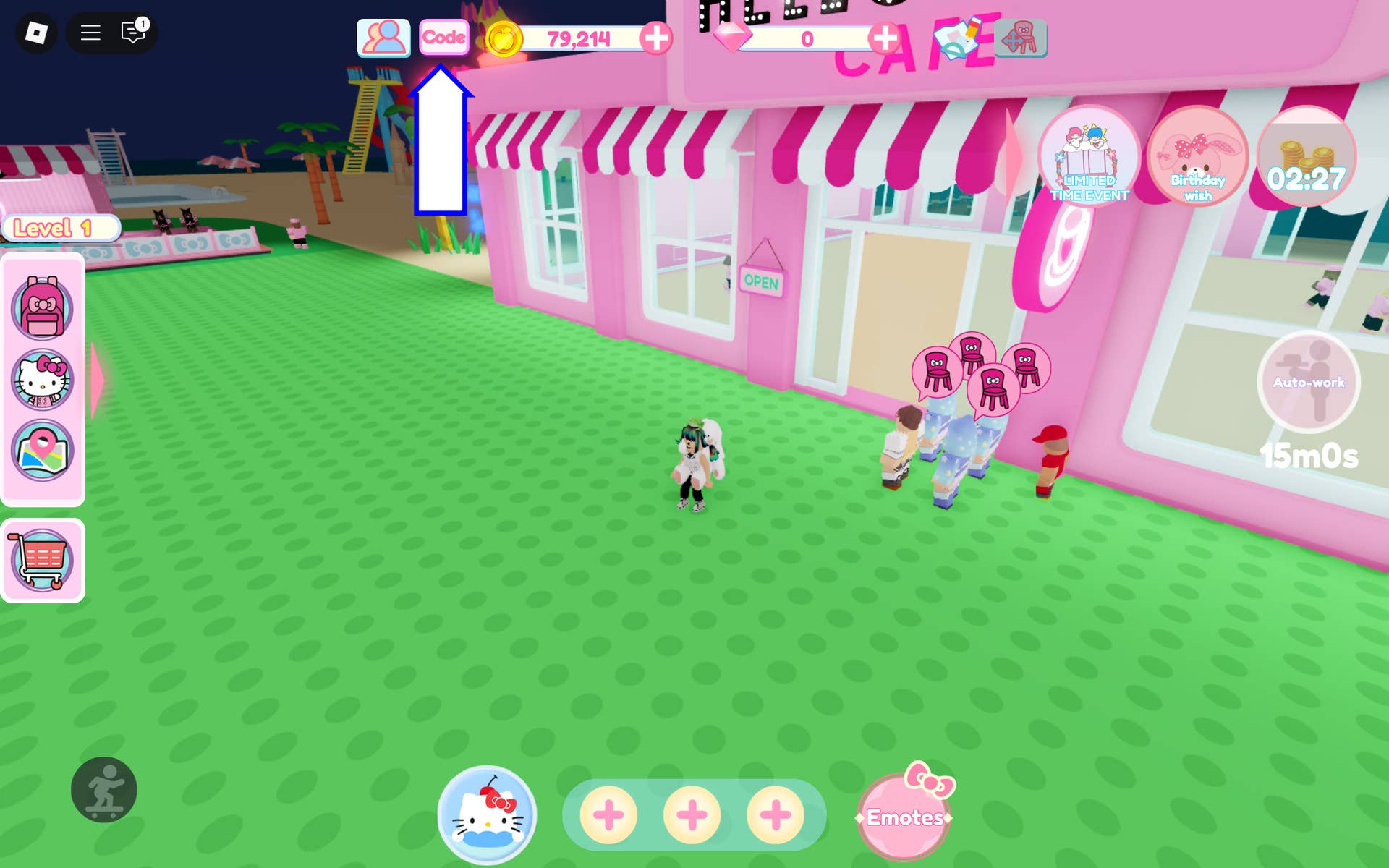 Скриншот Hello Kitty Cafe в Roblox с показанной кнопкой для ввода кода.