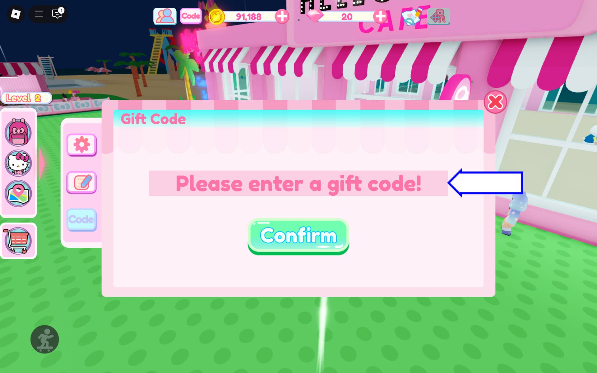 Скриншот Hello Kitty Cafe в Roblox с полем для ввода кода.