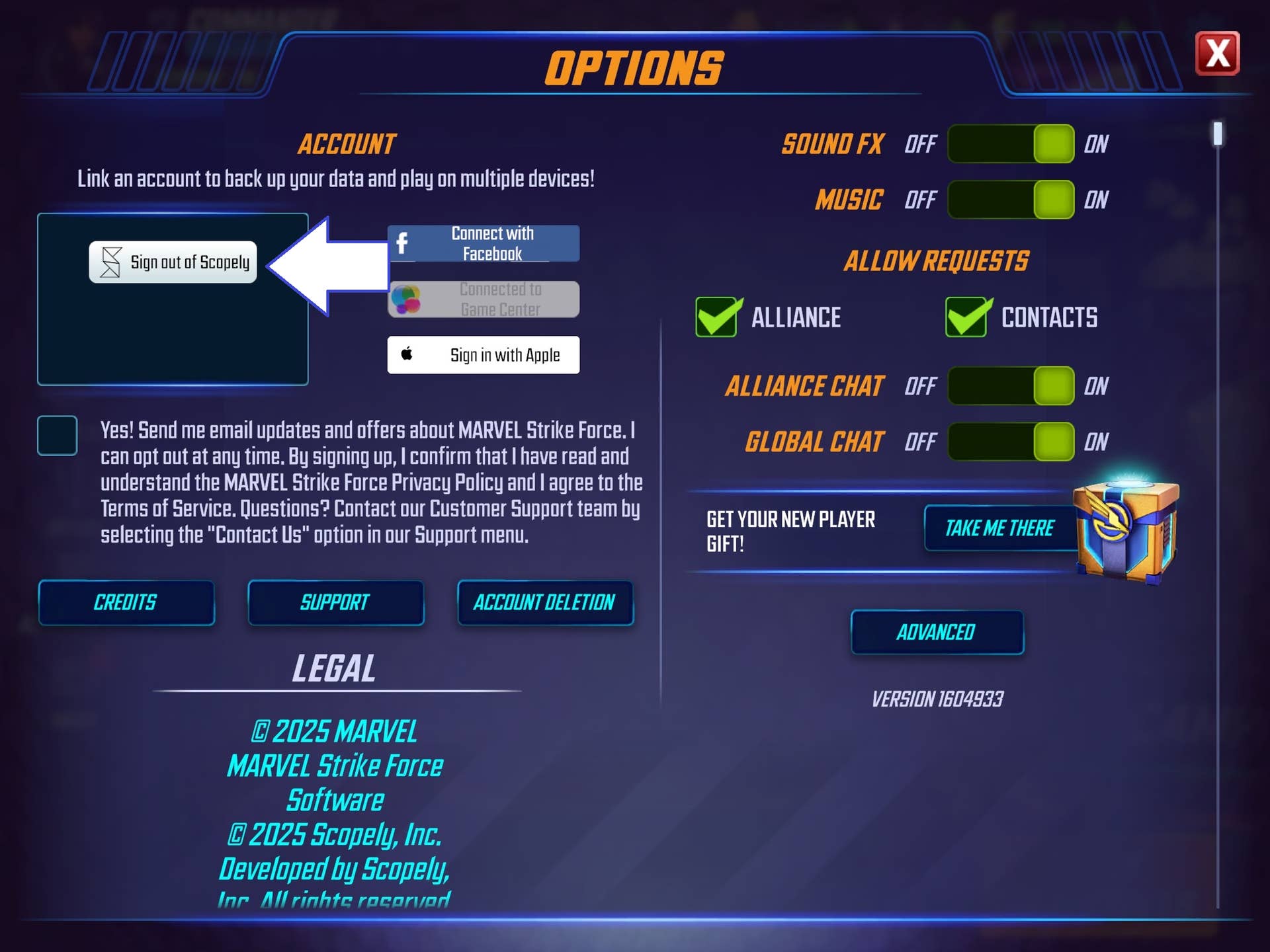 Скриншот Marvel Strike Force, показывающий кнопку аккаунта Scopely.