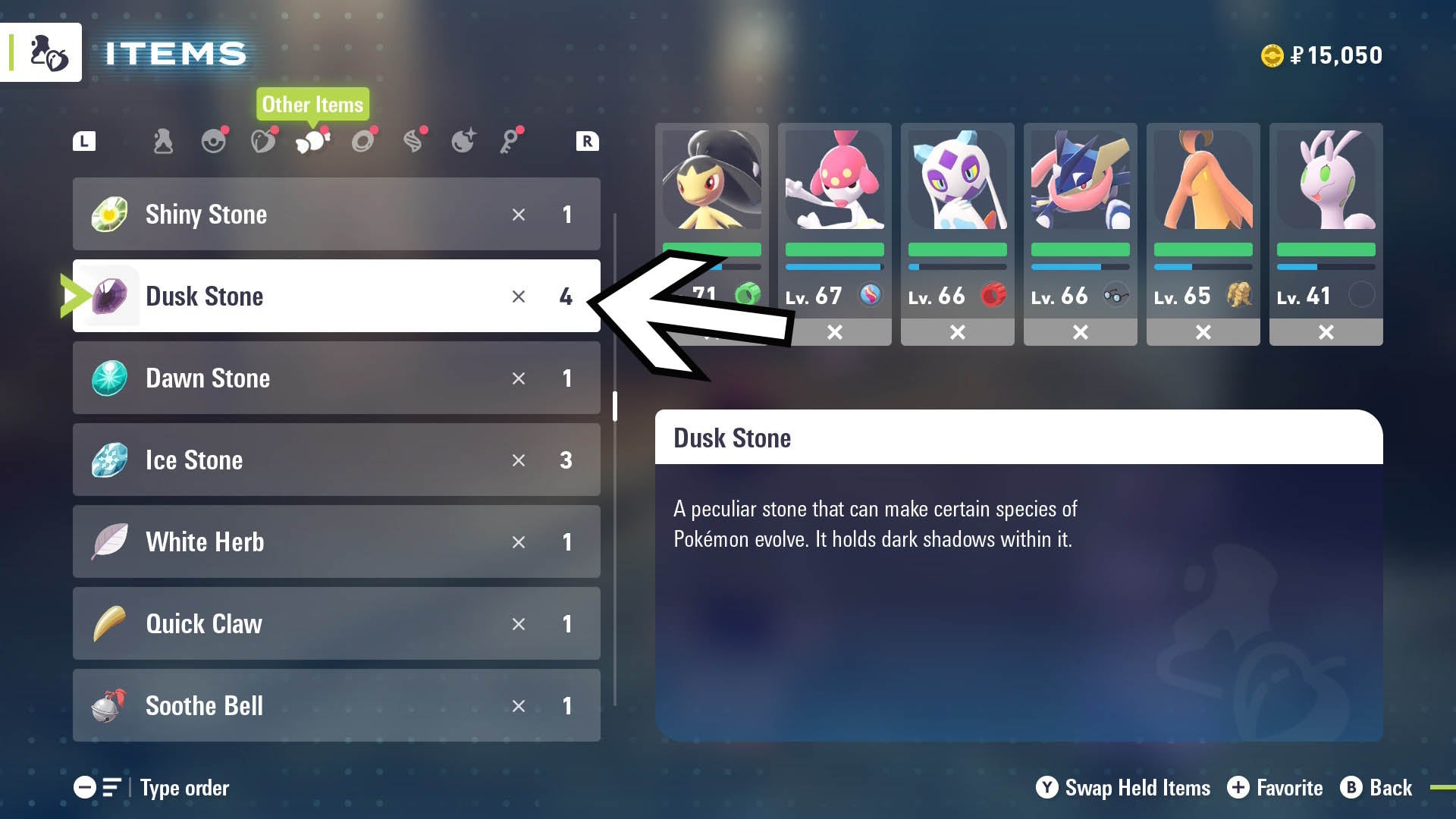 pokemon legends z-a dusk stone in satchel