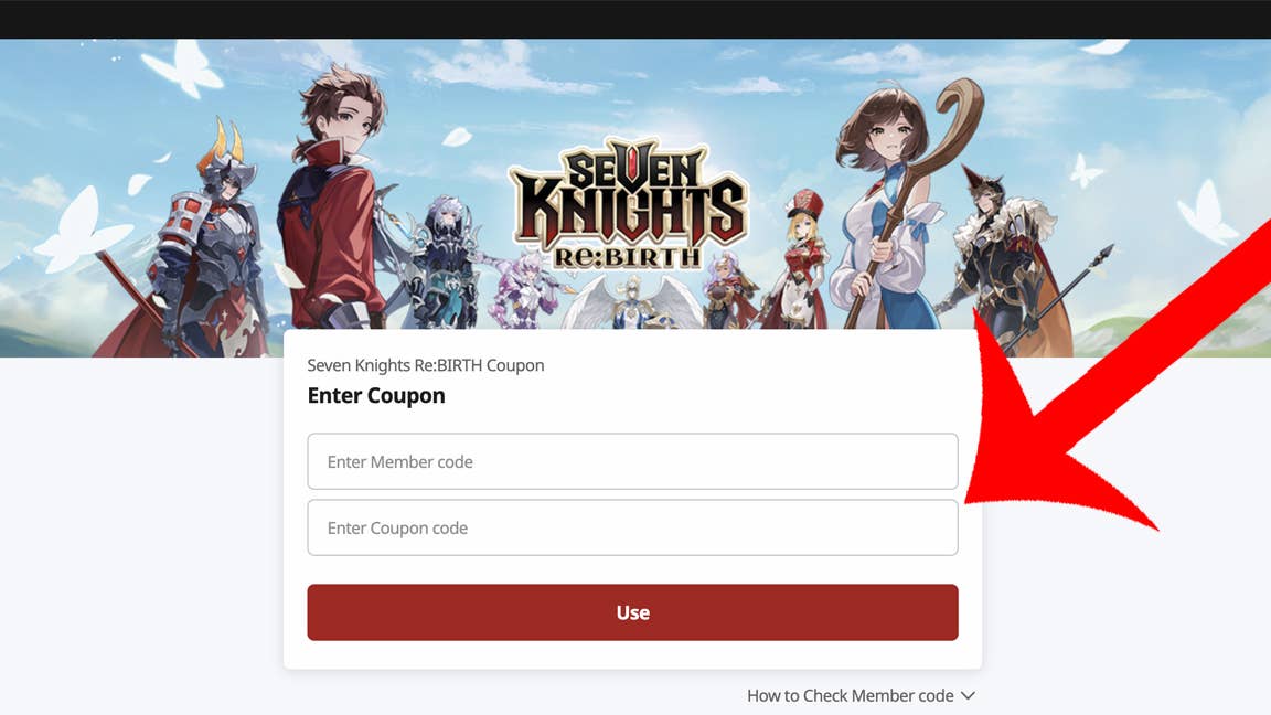 Стрелка, указывающая на сайт активации купонов для Seven Knights Re:Birth.
