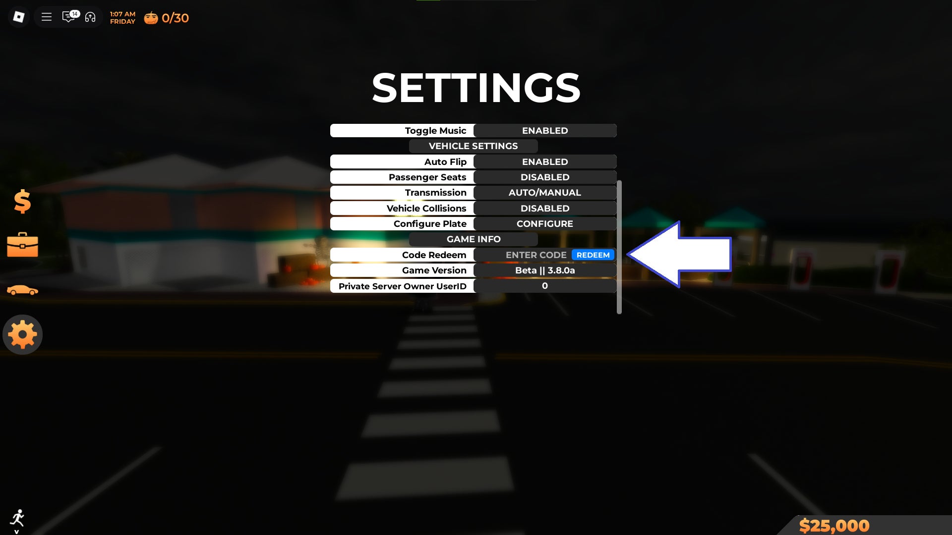 Скриншот Southwest Florida в Roblox с показанным полем для ввода кодов.