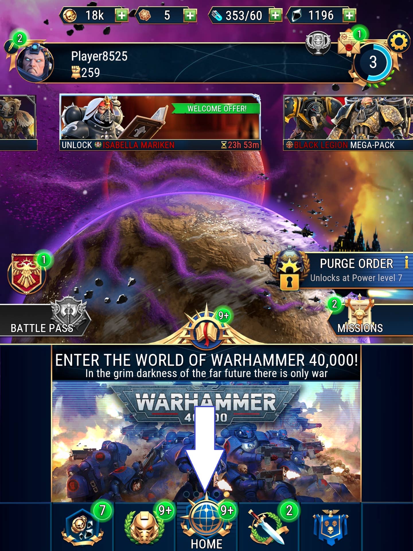 Скриншот Warhammer 40,000: Tacticus с показом кнопки домой в игре.